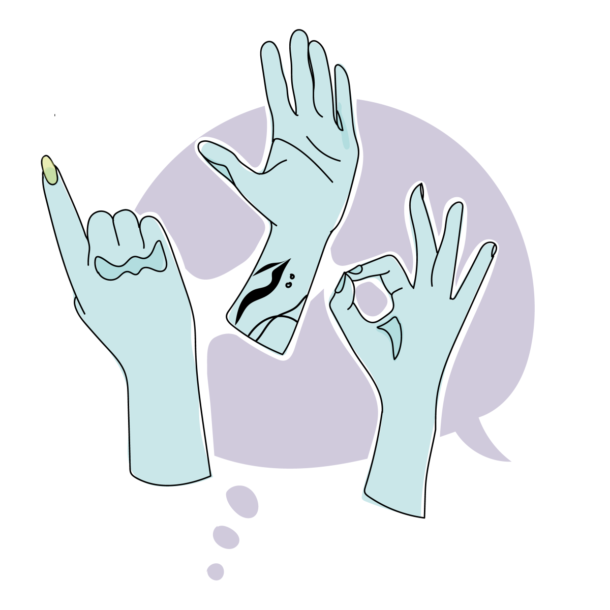 Eine Illustration. Drei blaue Hände die unterschiedliche Fingerbewegungen machen: Eine zeigt den Zeigefinger nach oben, eine winkt, eine macht das OK-Zeichen.