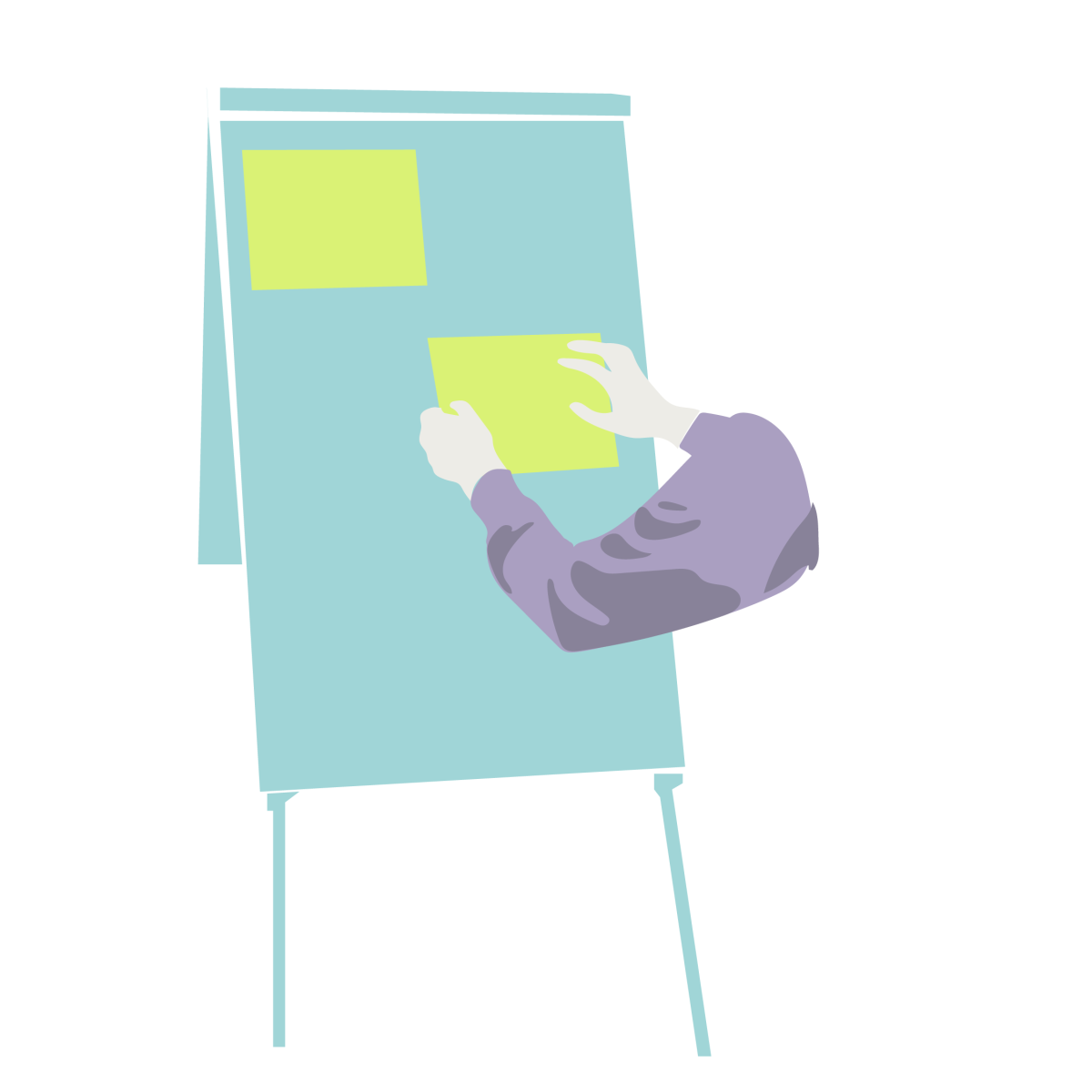 Eine Illustration. Zwei Arme hängen oder kleben zwei Papiere an ein Flipchart.