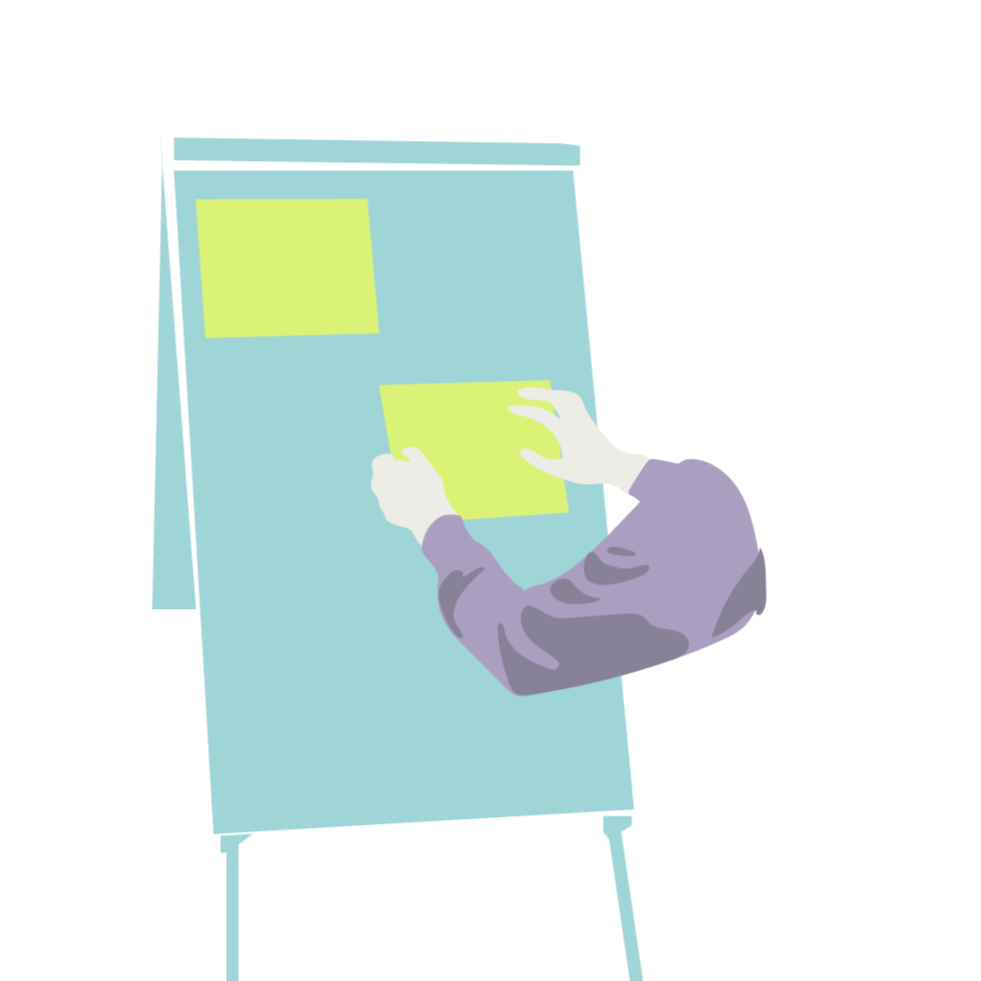 Eine Illustration. Ein Flipchart an die zwei Arme Zettel kleben.